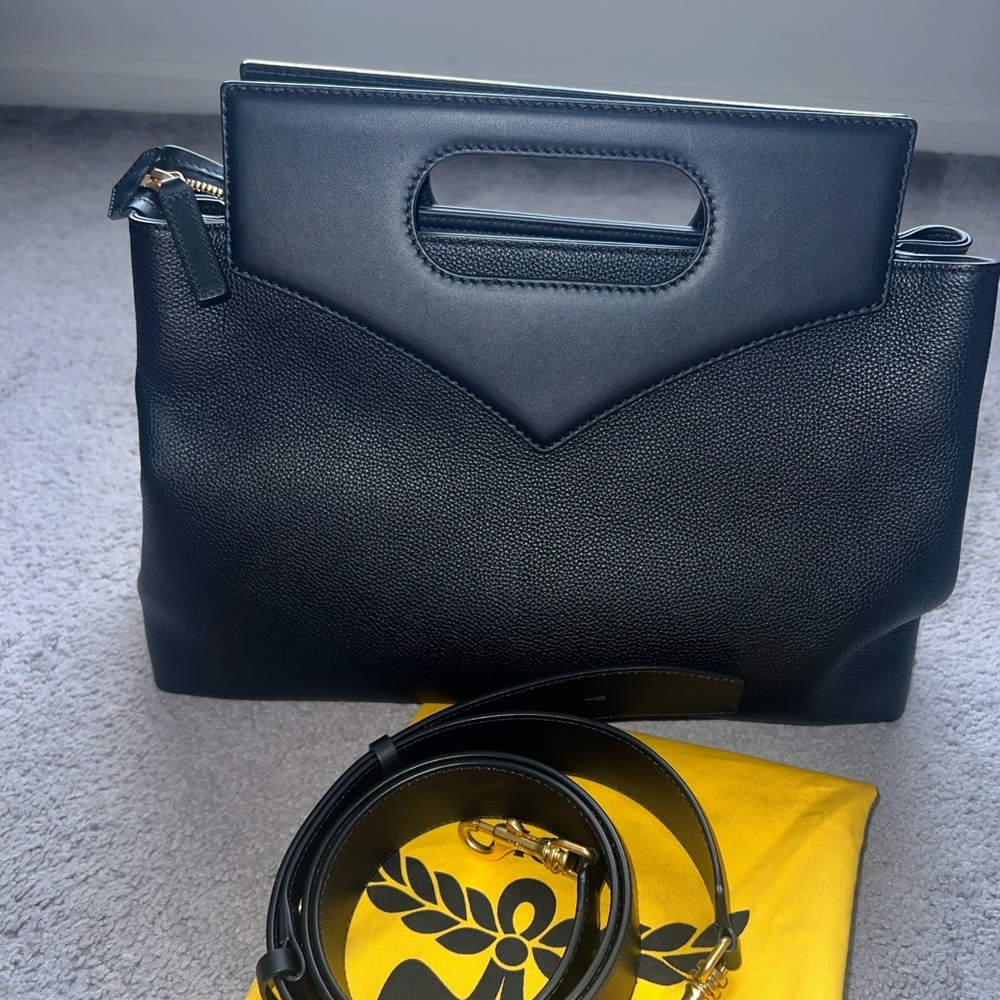 MCM Soft Diamond Black Leather Tote with Gold Logo and Removable Strap - Picture 3 of 6